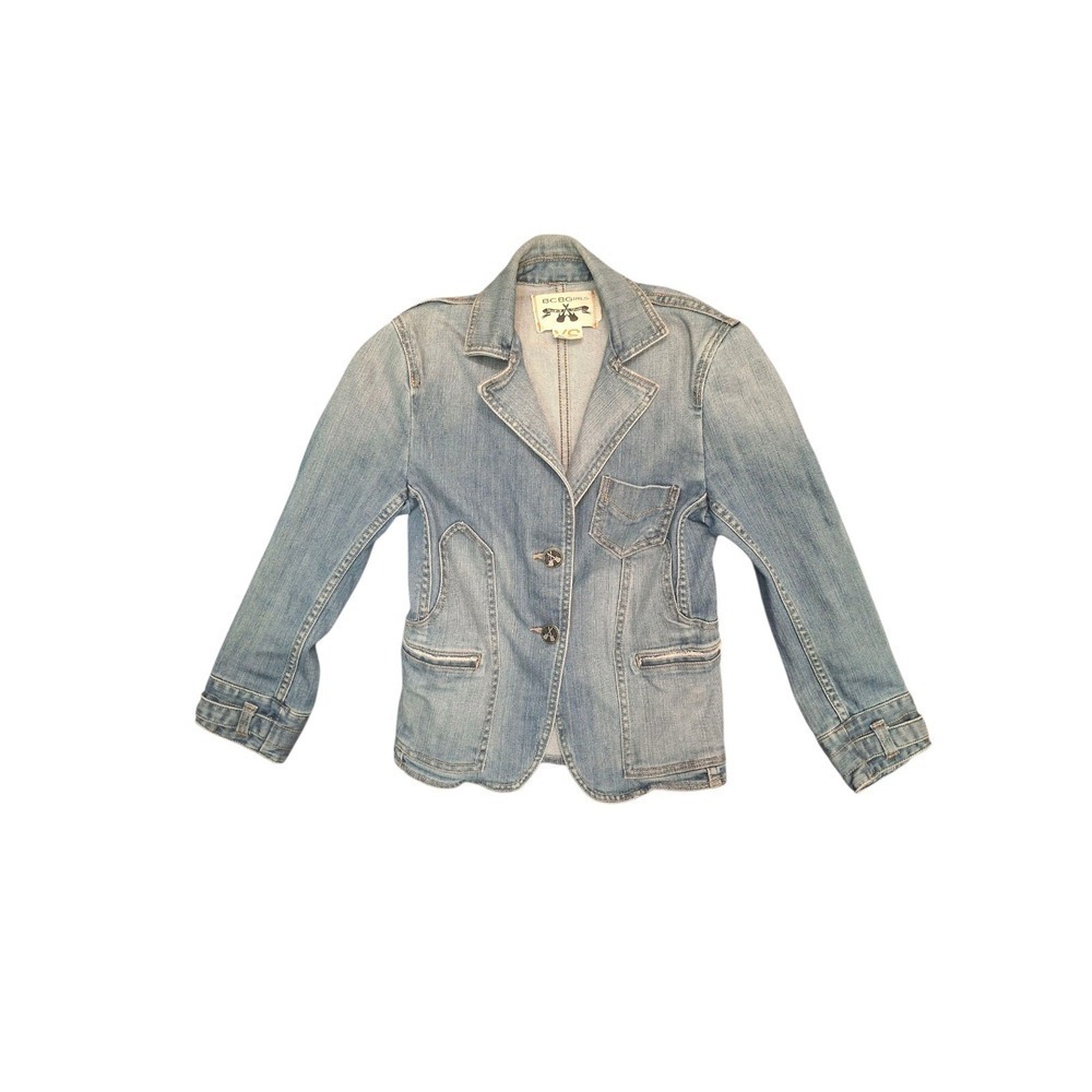 BCBGIRLS 2 Crossed Guitar Button‎ Denim Jacket Blue Cotton Spandex SZ XS